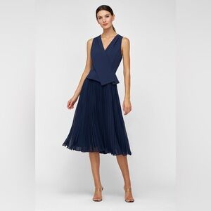 Kay Unger Orella pleated wrap midi dress in dark midnight navy blue